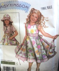 4717 SIMPLICITY DAISY KINGDOM SLEEVELESS TIED FLARE DRESS, BOLERO, HAT, PURSE PATTERN 5-8